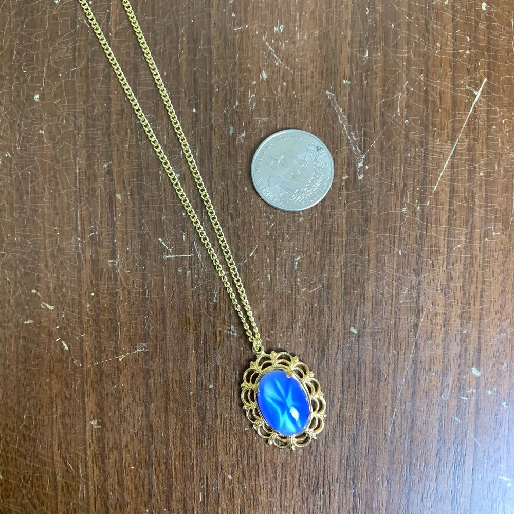 Vintage Germany Genuine Blue star glass cabochon gold filigree‎ pendant necklace - Picture 5 of 8